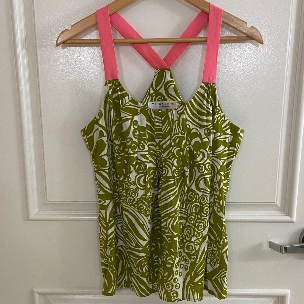 Trina Turk  top green and white pattern pink straps silk blend medium